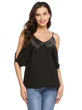

Black Spaghetti Straps Solid Half Sleeve Chiffon Sexy Tops, Multicolor