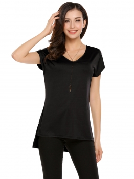 

Black Solid Split Asymmetrical Hem V-Neck Short Sleeve Tops, Multicolor