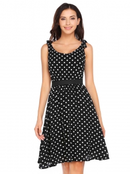 

Black and White Sleeveless Dot Bow-tie A-Line Dress, Multicolor