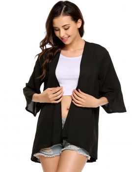 

Black Front Open Loose 3"4 Flare Sleeve Long Chiffon Beach Smock, Multicolor