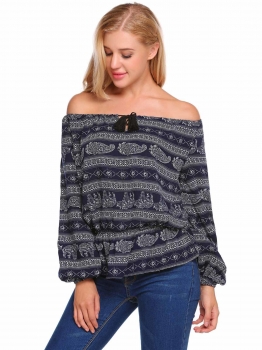 

Dark blue Print Drawstring Slash Neck Long Lantern Sleeve Tops, Multicolor