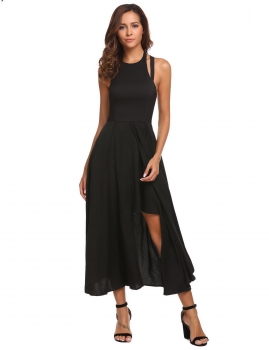 

Black Women Casual Halter Sleeveless Asymmetrical Hem A-Line Pleated Swing Sexy Dress, Multicolor