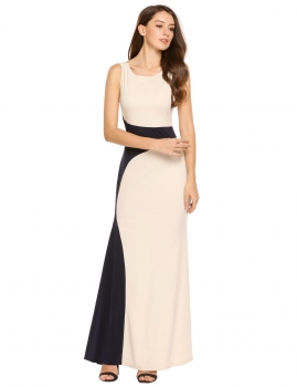 

Apricot Casual Backless U Neck Sleeveless Patchwork Long Dress, Multicolor