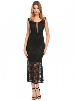 

Black Women Casual V-Neck Sleeveless Lace Floral Package Hip Sexy Back Zipper Dress, Multicolor