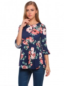 

Navy blue Flare Sleeve O-Neck 3"4 Prints A-Line Ruffle Hem Loose Tops, Multicolor