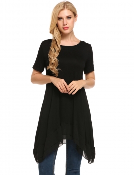 

Black O-Neck Short Sleeve Patchwork Ruffle Hem Tuincs, Multicolor