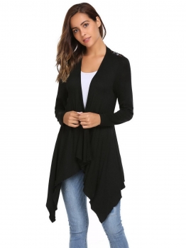 

Black Back Lace Patchwork Front Open Asymmetrical Hem Cardigan, Multicolor