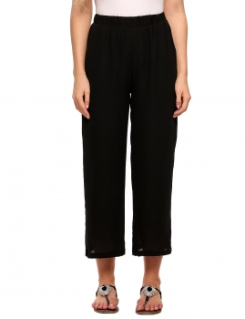 

Black Elastic Waist Solid Loose Fit Chiffon Pants with Pocket, Multicolor