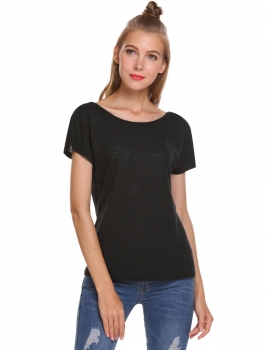 

Black Backless Short Sleeve Lace Solid Slim Fit T-Shirts, Multicolor