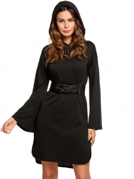 

Black Casual Flare Sleeve Hooded Knee Length Loose Hoodie Dress with Belt, Multicolor