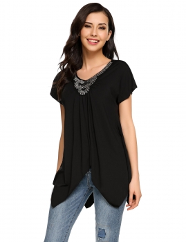

Black Beads V-Neck Patchwork Asymmetry Hem Short Sleeve Tops, Multicolor