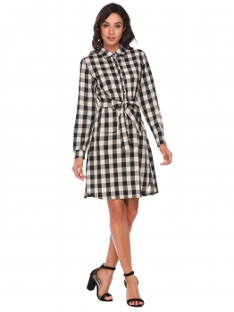

Grey Women Long Sleeve Turn Down Collar Plaid Shirts Dress Pockets Loose Knee, Multicolor
