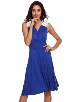 

Blue Surplice V-Neck Sleeveless Ruched Waist Lace Dress, Multicolor