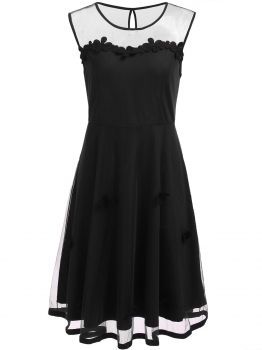 

Black Sleeveless Mesh Patchwork Plus Size Dress, Multicolor