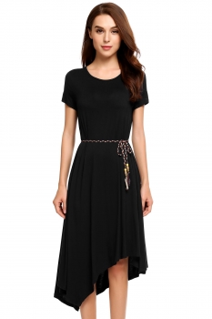 

Black O-Neck Short Sleeve Asymmetrical Hem Belted Dress, Multicolor
