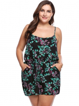 

Green Spaghetti Strap Fashion Plus Size Sleeveless Floral Romper, Multicolor