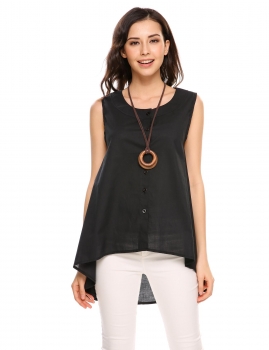 

Black Front Button Asymmetric Hem Sleeveless Solid Loose Tank Tops, Multicolor