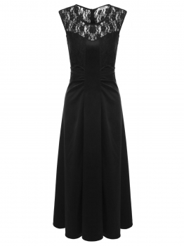 

Black Sleeveless Lace Patchwork Vintage Style Waist Ruched Dress, Multicolor