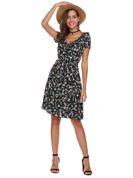 

Black Ruffles V-Neck Floral Dress with Belt, Multicolor