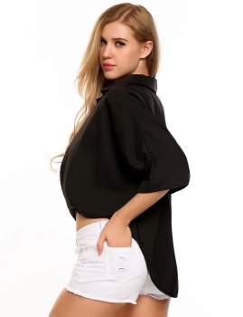 

Black V-Neck Bat Half Sleeve Button Solid Asymmetrical Blouse, Multicolor