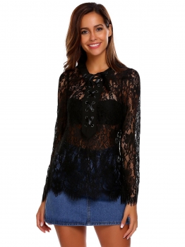 

Black Women Fashion V-Neck Long Sleeve Lace Lace-Up T-Shirt, Multicolor