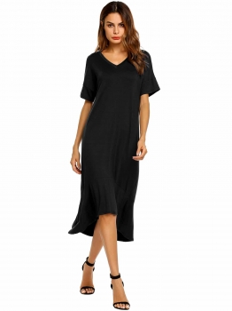 

Black V-Neck Short Sleeve Solid Loose Asymmetric Dress, Multicolor