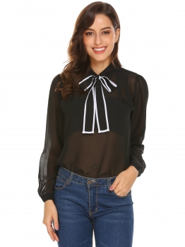 

Black Women Casual Shirt Collar Long Sleeve Transparent Chiffon with Strap Contrast Color, Multicolor