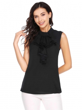 

Black Mock Collar Ruffles Sleeveless Patchwork Buttoned Tank Tops, Multicolor