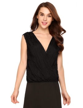 

Black Deep V-Neck Sleeveless Faux Wrap Draped Elastic Hem Tops, Multicolor