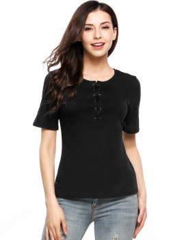 

Black Lace-Up Short Sleeve Scoop Neck Solid Loose Pullover T-Shirts, Multicolor