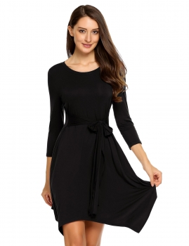 

Black Long Sleeve Knot Tie Front Asymmetrical Belted Dress, Multicolor