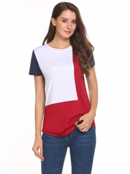 

White red Patchwork Asymmetrical Hem O-Neck Short Sleeve T-shirts, Multicolor