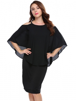 

Black O-Neck Cold Shoulder Ruffle Solid Dress, Multicolor