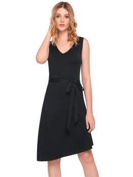 

Black V Neck Sleeveless Asymmetrical Solid Dress, Multicolor