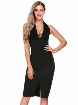 

Black Women Sexy OL Style Sleeveless Solid V Neck Split Bodycon Pencil Dress, Multicolor