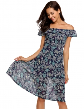 

Dark blue Sleeveless Floral Print Off The Shoulder Dress, Multicolor