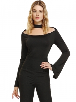 

Black Solid Choker Neck Flare Sleeve Back Zipper Tops, Multicolor