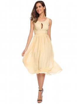 

Beige Sleeveless Keyhole Backless Ruched Waist Chiffon Dress, Multicolor