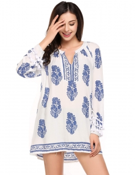 

Blue V-Neck Long Sleeve Boho Print Loose Tunics, Multicolor