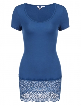 

Blue Floral Lace Trim Slim Fit O-Neck Short Sleeve Tunics, Multicolor
