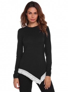 

Black Long Sleeve O Neck Asymmetrical Hem Pleated Lace Trim Tops, Multicolor