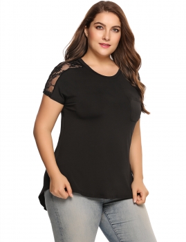 

Black Plus Size O-Neck Short Sleeve Lace Patchwork T-Shirt, Multicolor