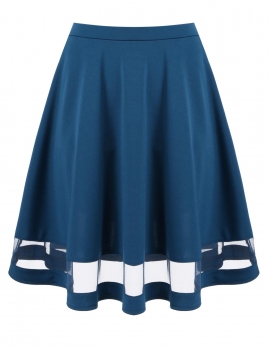 

Blue High Waist Mesh Patchwork Knee Length Skater Skirt, Multicolor