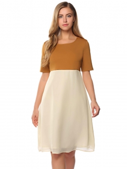 

Beige Contrast Color Chiffon Patchwork Short Dress, Multicolor