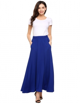 

Blue High Waist Solid Flared Swing Long Skirt With Pockets, Multicolor