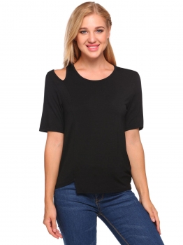 

Black Solid Shoulder Cut-out O-Neck Short Sleeve Asymmetric Tops, Multicolor