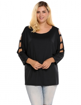 

Black Plus Sizes Round Neck Cut-out Batwing 3"4 Sleeve Tops, Multicolor