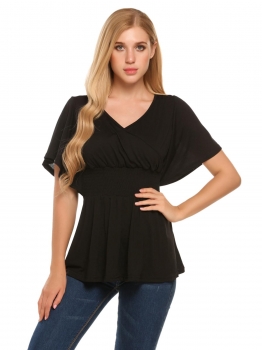 

Black Elastic Waist Surplice Neck Short Bat Sleeve Solid Slim Tops, Multicolor