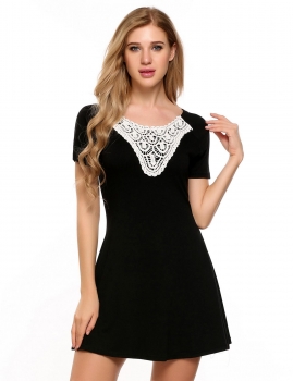 

Black O-Neck Short Sleeve Lace Patchwork Mini Dress, Multicolor