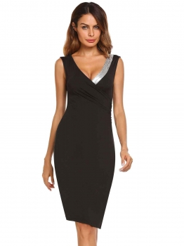 

Black Surplice Neck Side Ruched Sequined Asymmetrical Dress, Multicolor